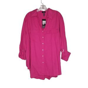 Jones New York 2X Hot Pink Roll Tap Sleeve Button Up Linen Blend Blouse